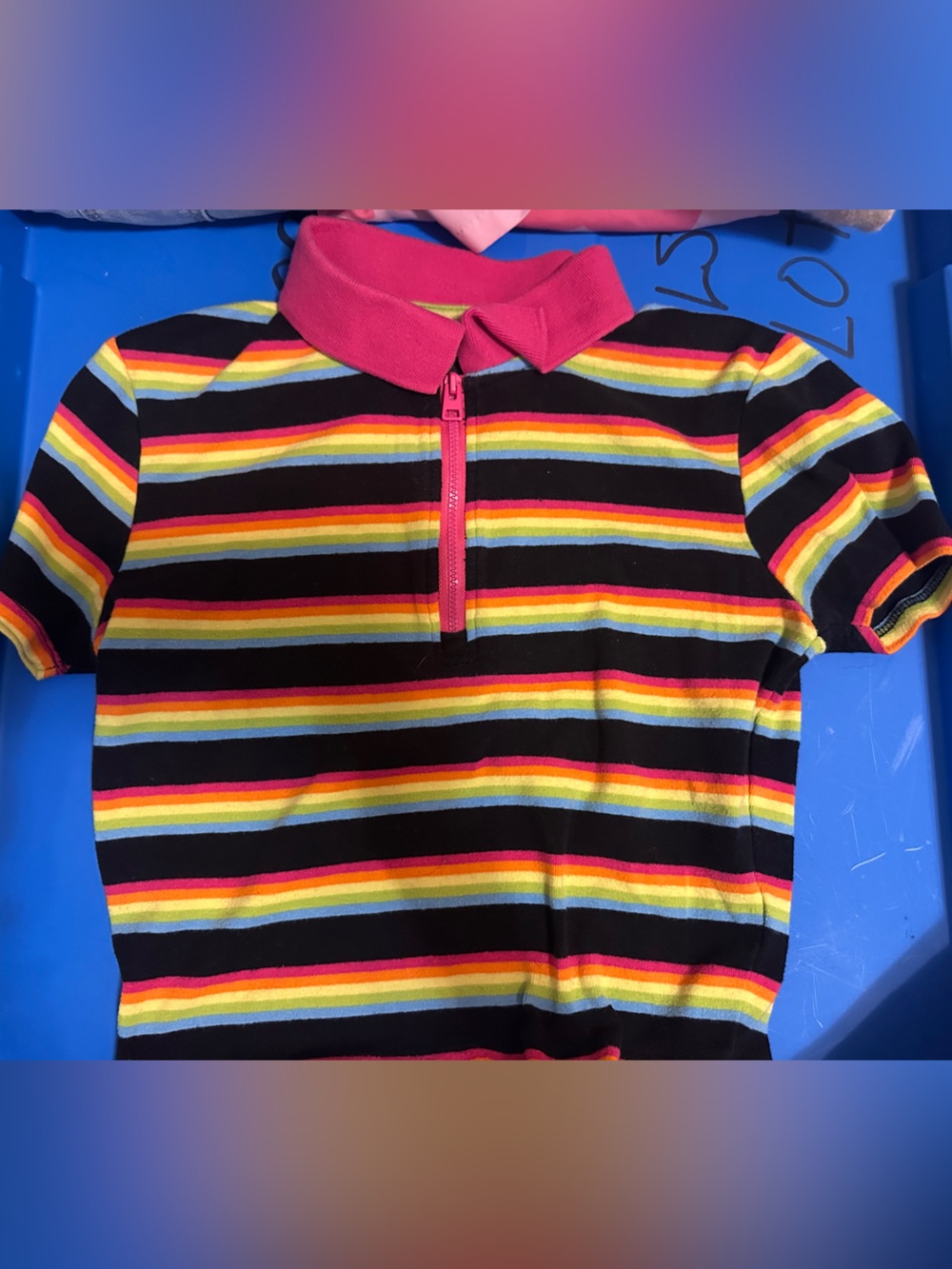 Women’s Rainbow Stripe Short-Sleeve Polo Crop-top - Black W Multi-Color Stripes